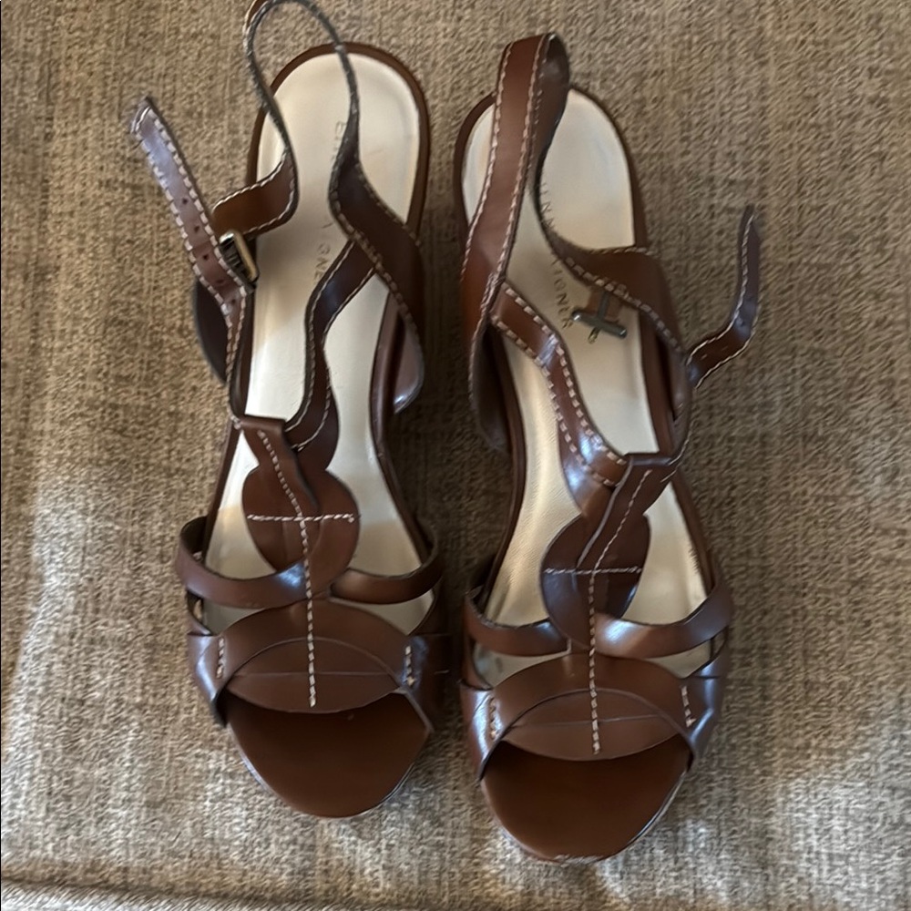 Etienne Aigner Brown Leather Sandals with T-Strap Design